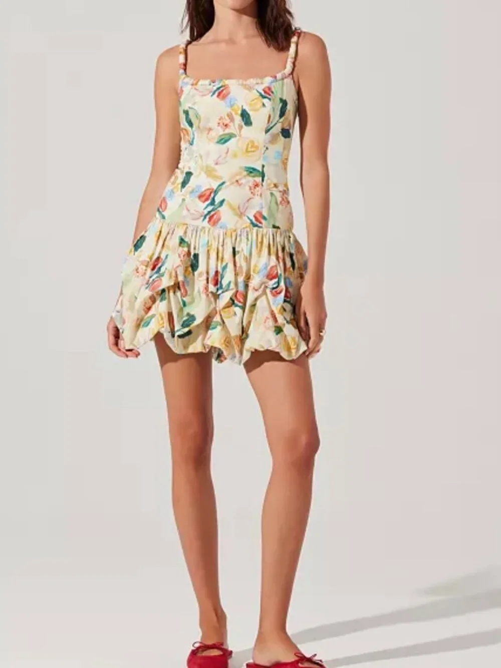 Womens ASTR The Label Keyla Bubble Hem Yellow Floral Mini Dress, S - Picture 1 of 9